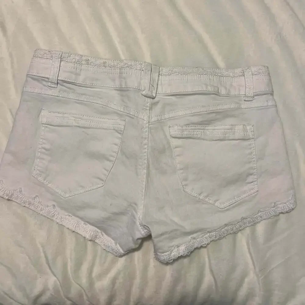 Rewind Low Rise Lace Trim White Denim Micro Mini Shorts - Picture 3 of 5